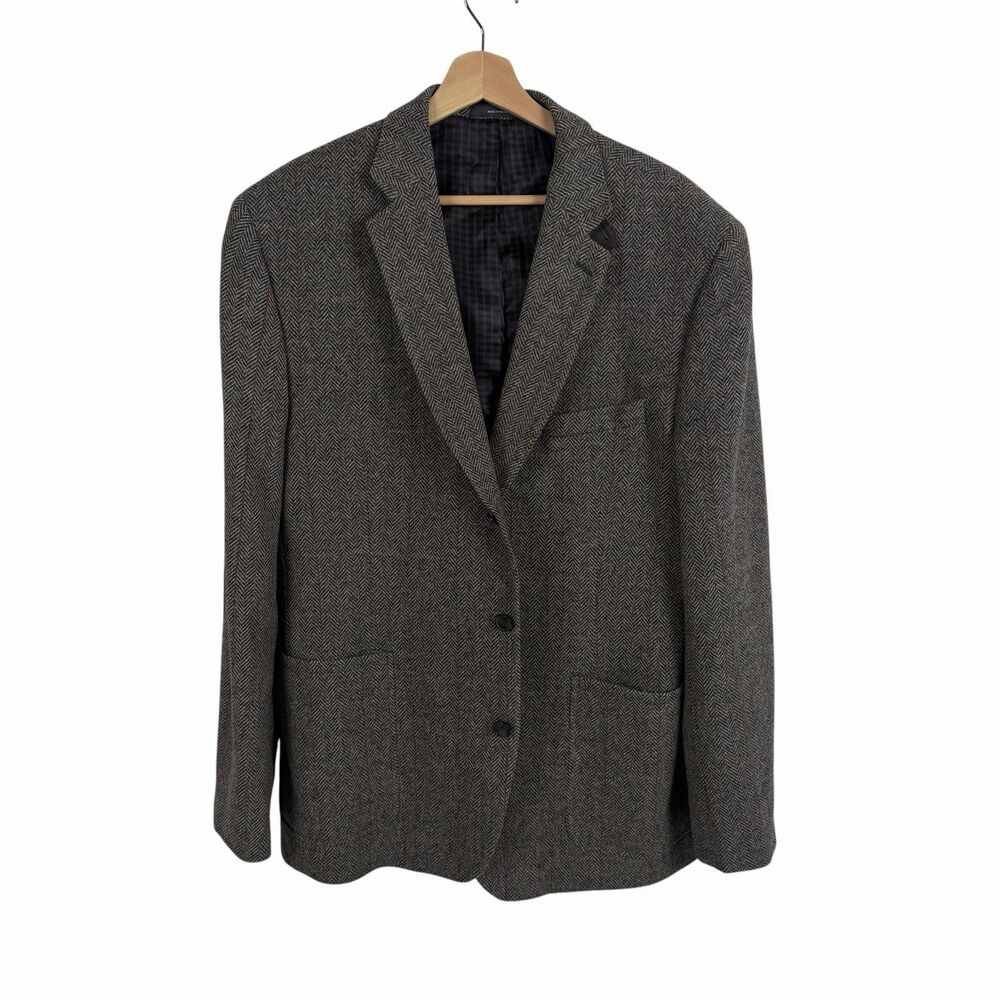 JOE Joseph Abboud Mens Blazer 46R Grey Herringbone Tweed Elbow Patch Academia